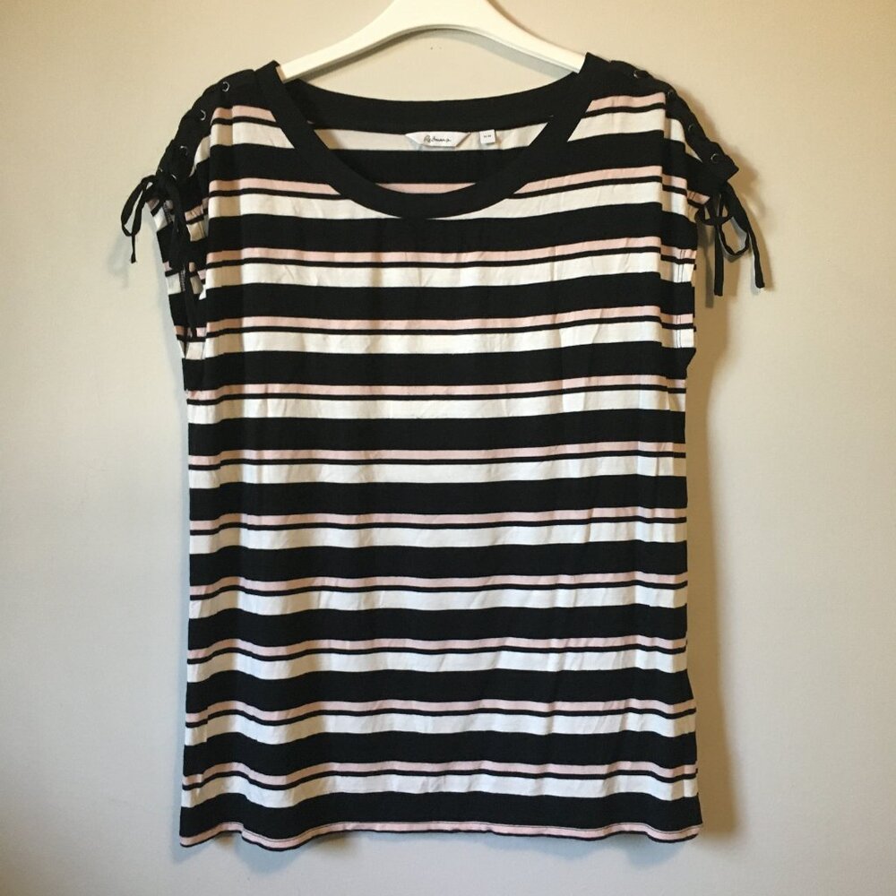 Reitmans Striped Tie Shoulder Top Size M Black Pink White Viscose Retro